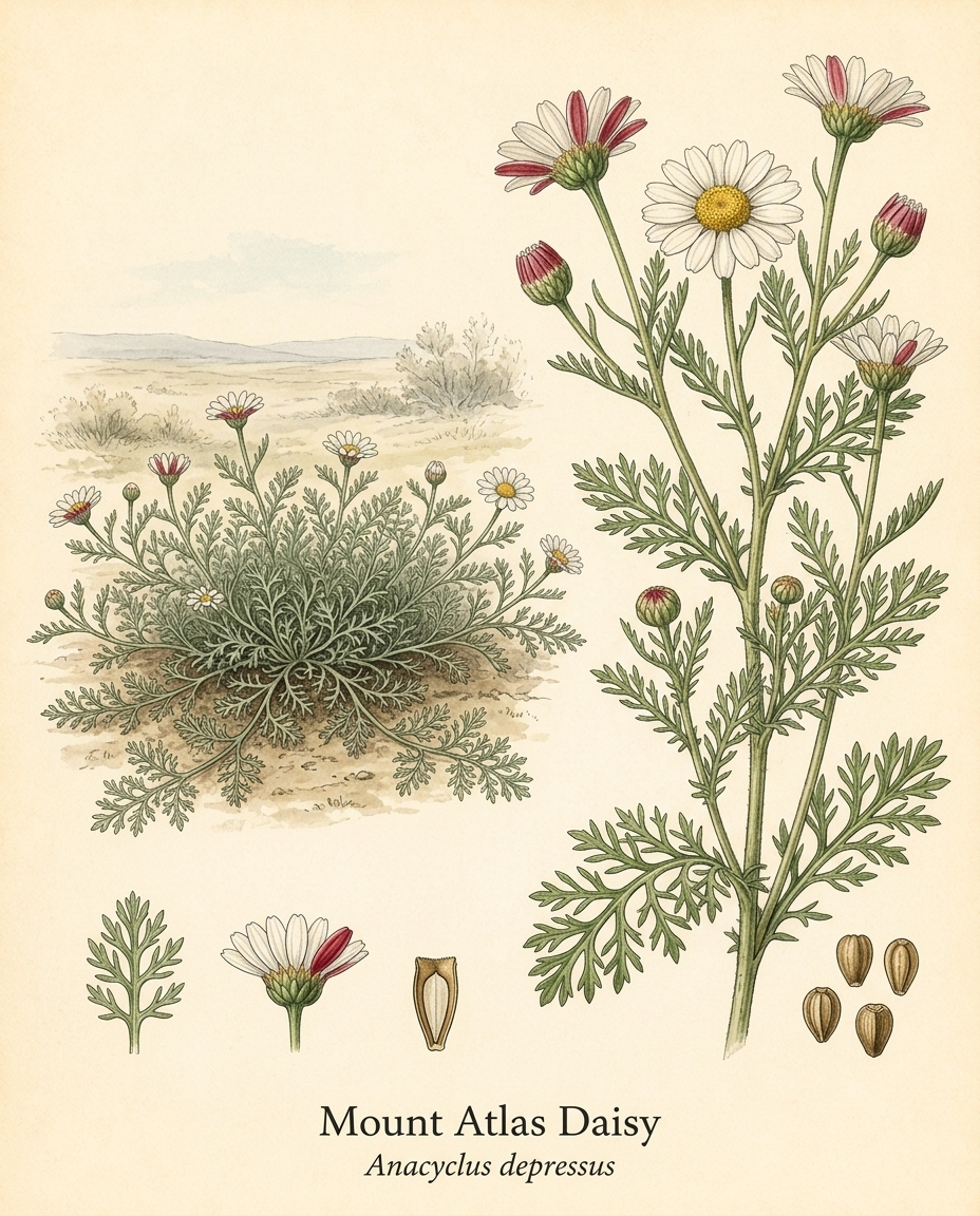 Botanical illustration of Mount Atlas Daisy (Anacyclus depressus) — a deciduous groundcover for USDA zones 3–8