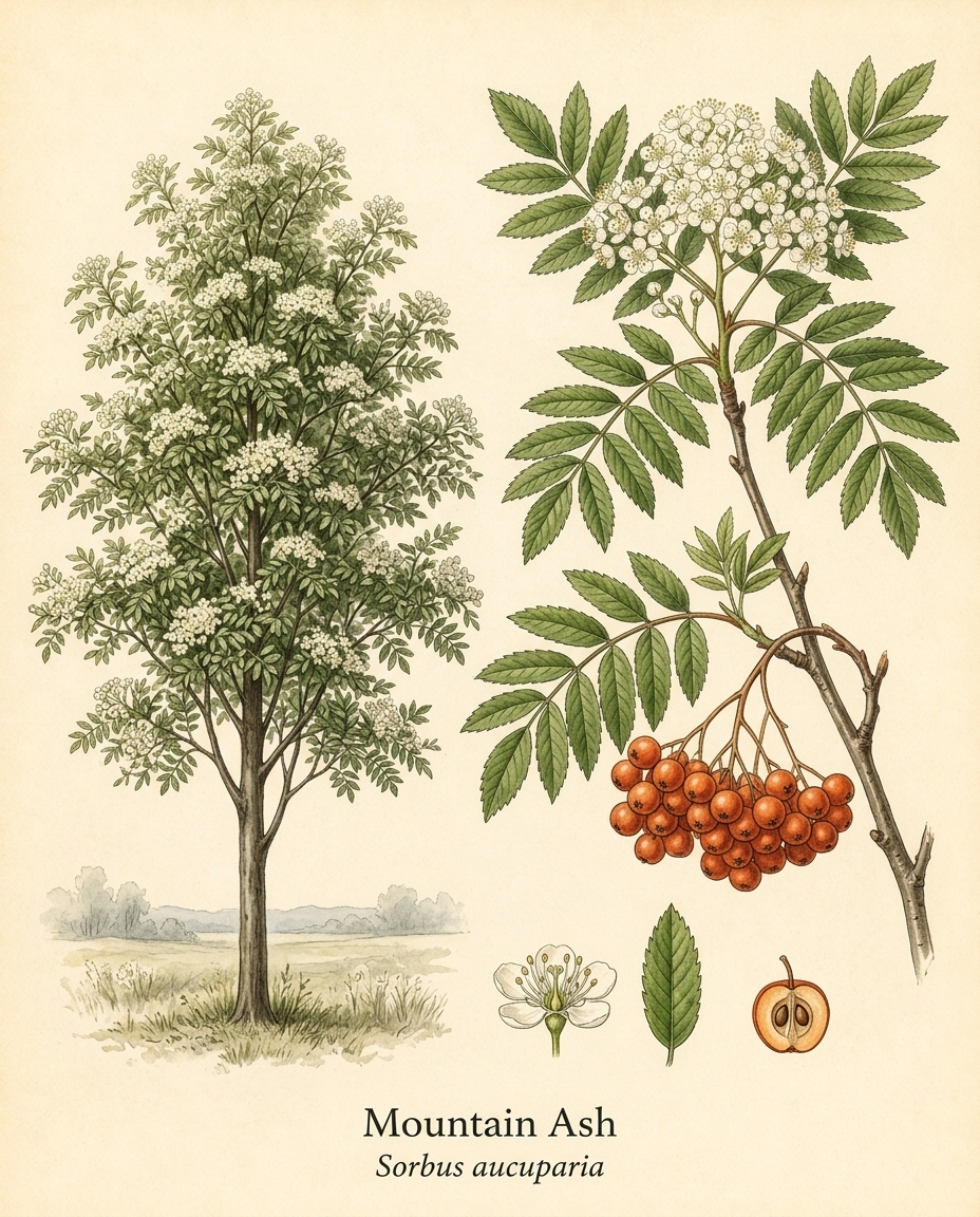 Botanical illustration of Mountain Ash (Sorbus aucuparia) — a deciduous tree for USDA zones 3–7