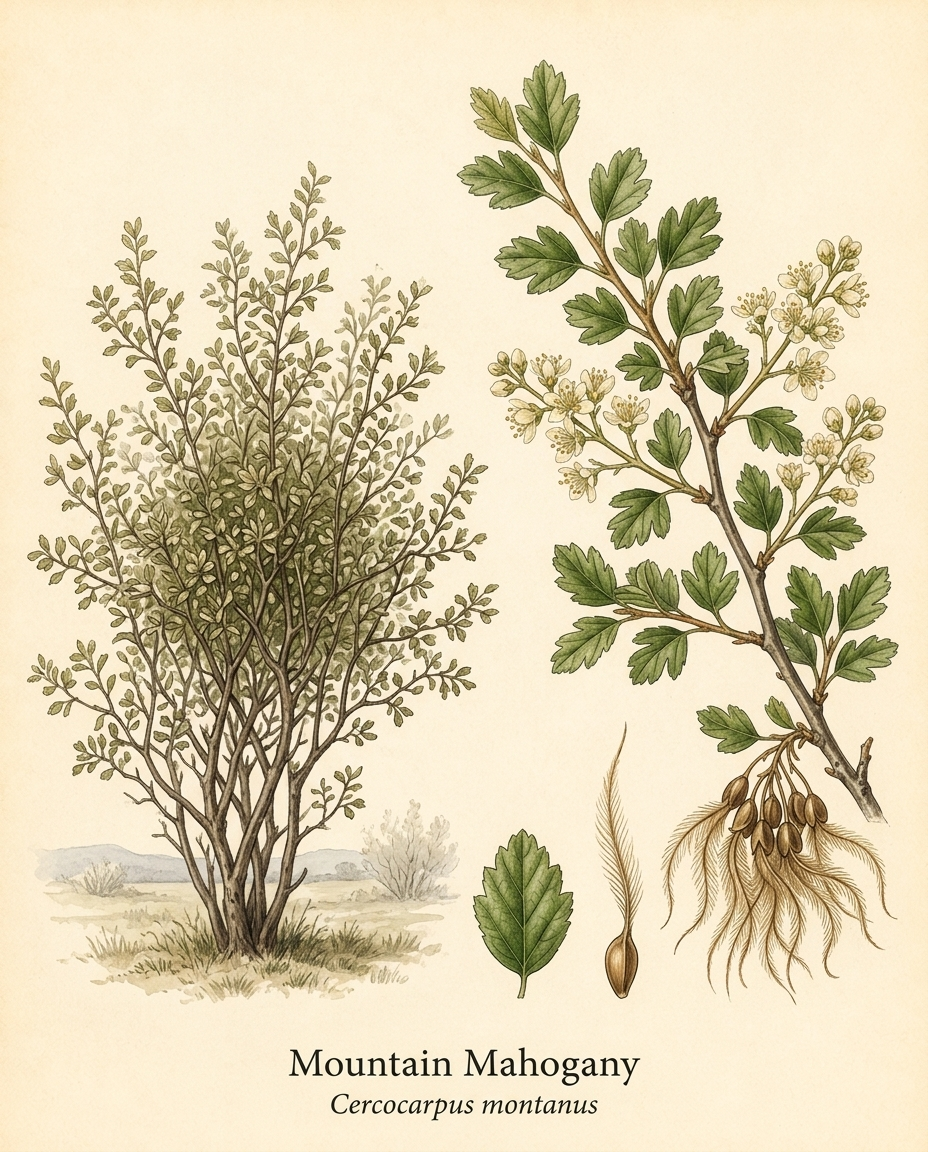 Botanical illustration of Mountain Mahogany (Cercocarpus montanus) — a deciduous shrub for USDA zones 4–8