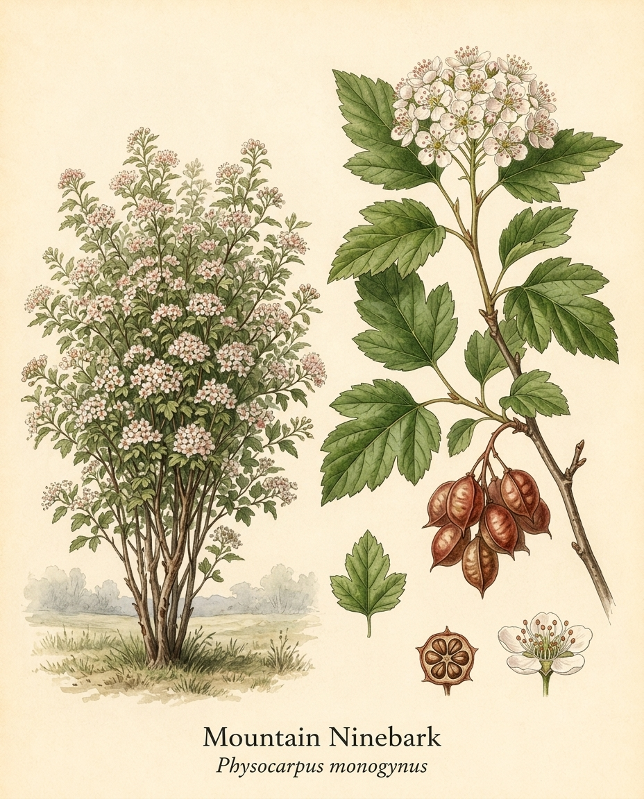 Botanical illustration of Mountain Ninebark (Physocarpus monogynus) — a deciduous shrub for USDA zones 3–7