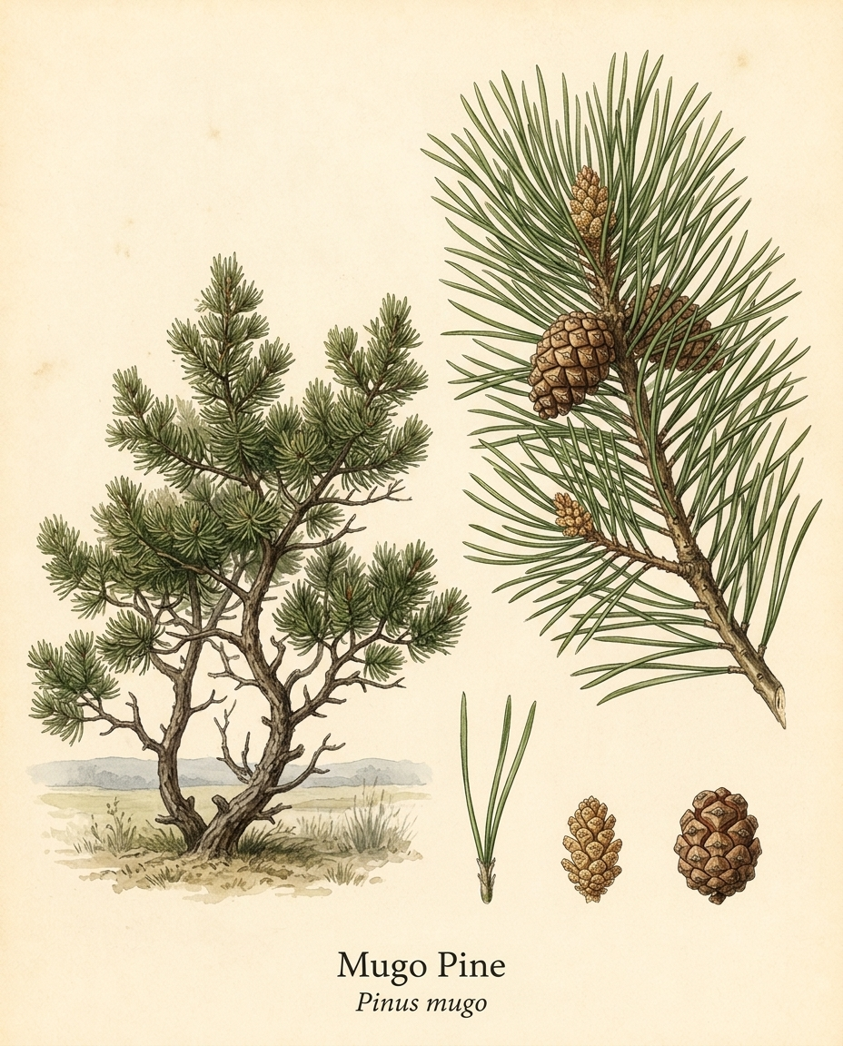 Botanical illustration of Mugo Pine (Pinus mugo) — a evergreen shrub for USDA zones 2–7