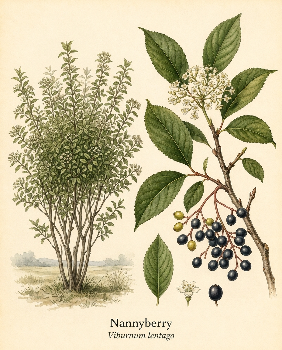 Botanical illustration of Nannyberry (Viburnum lentago) — a deciduous shrub for USDA zones 2–8
