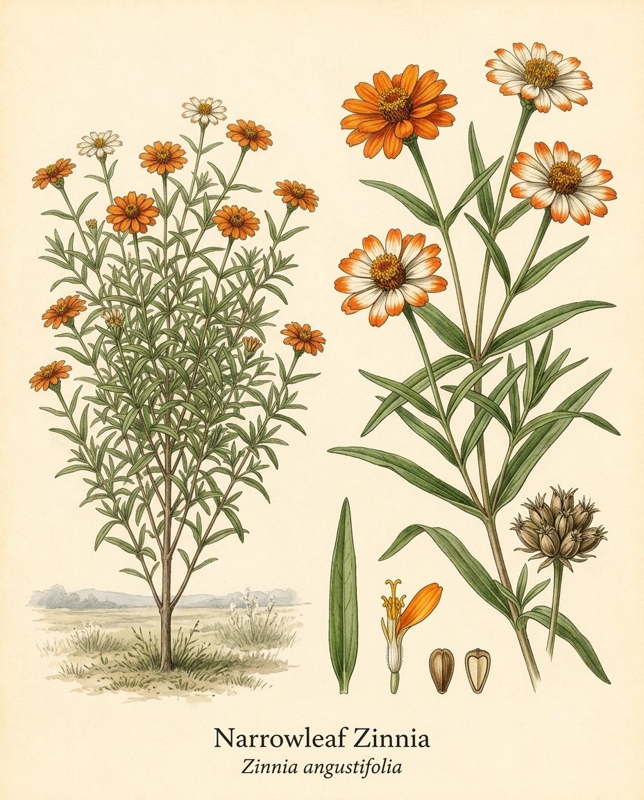 Botanical illustration of Narrowleaf Zinnia (Zinnia angustifolia) — a deciduous annual for USDA zones 2–11