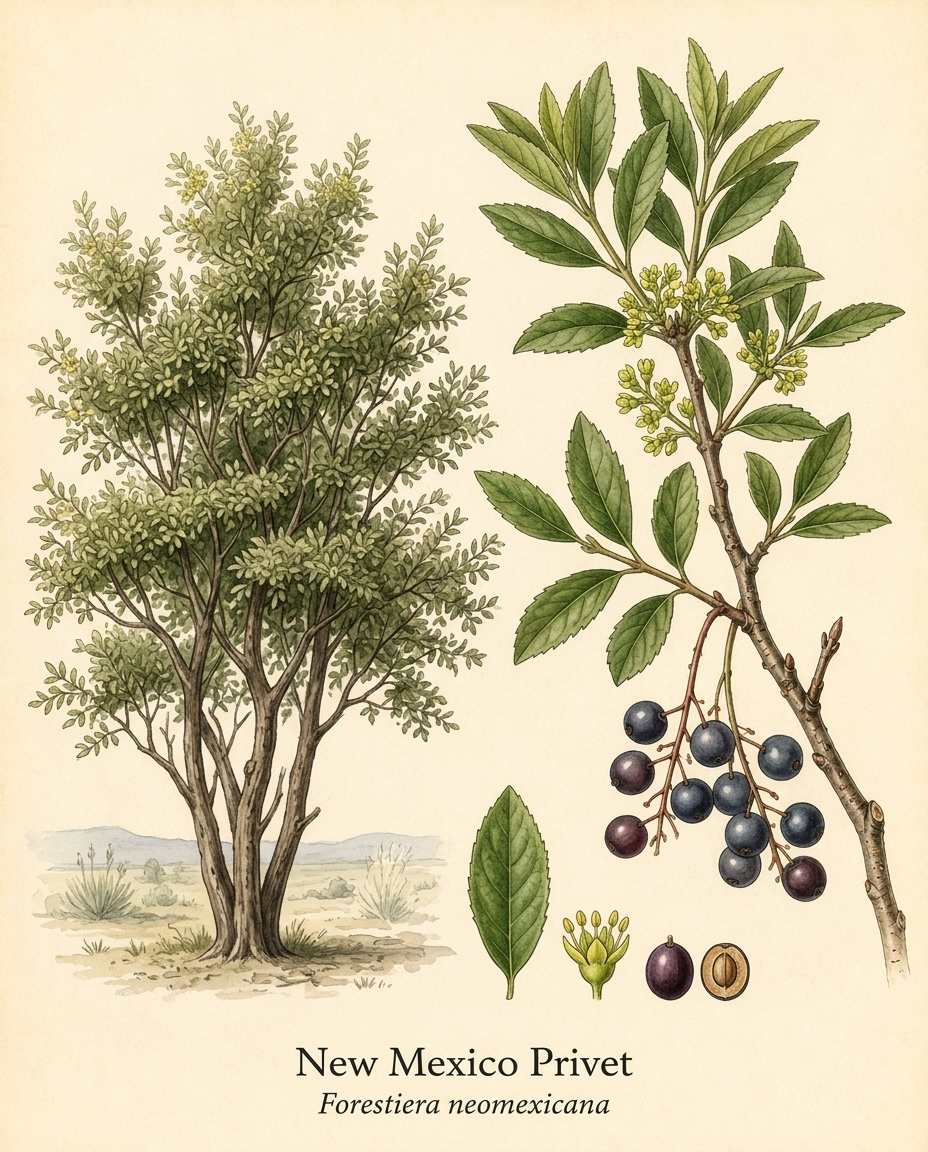 Botanical illustration of New Mexico Privet (Forestiera neomexicana) — a deciduous tree for USDA zones 4–8