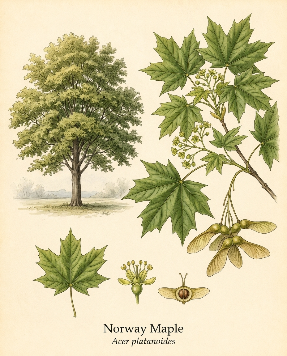 Botanical illustration of Norway Maple (Acer platanoides) — a deciduous tree for USDA zones 3–7