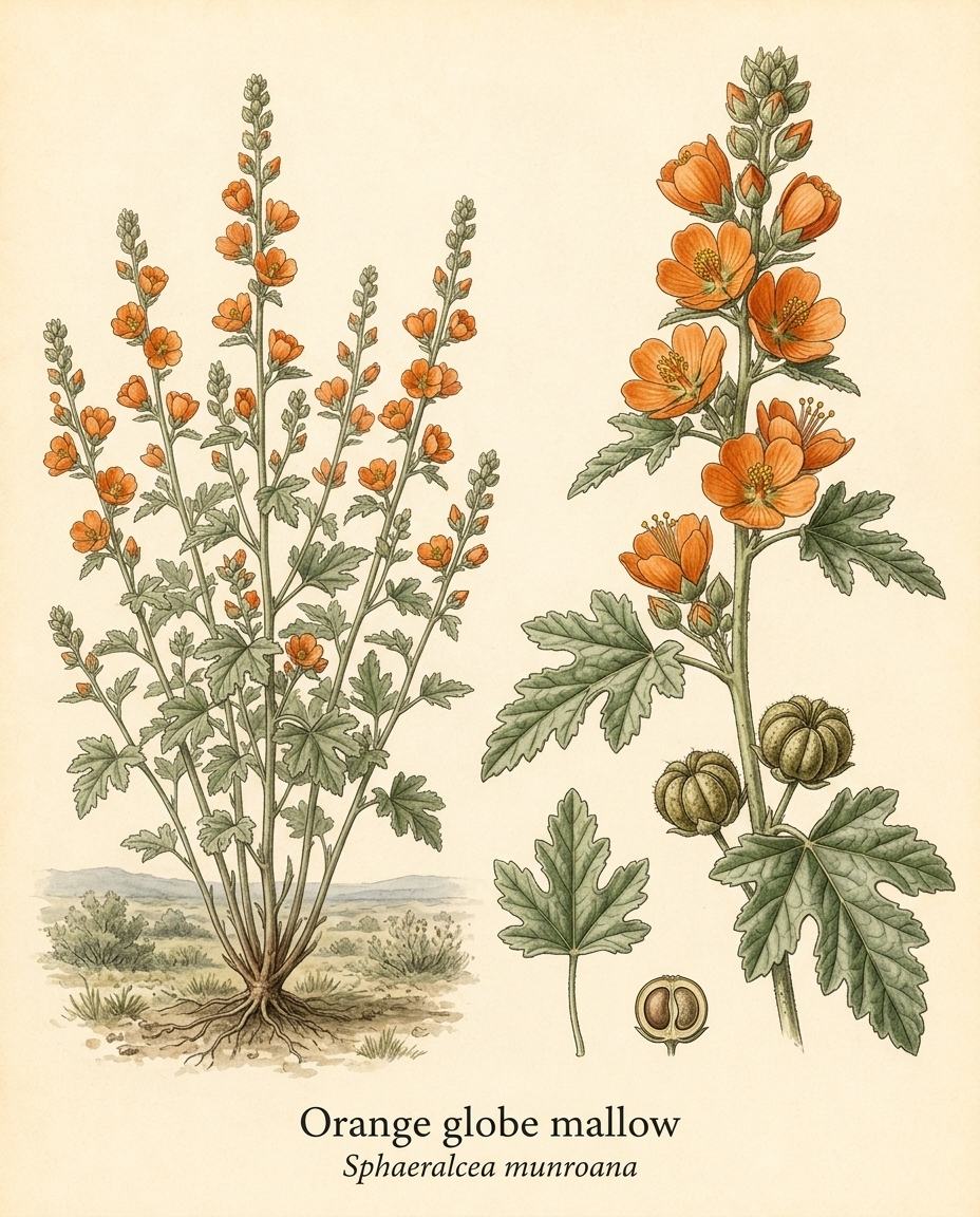 Botanical illustration of Orange globe mallow (Sphaeralcea munroana) — a deciduous perennial for USDA zones 3–8