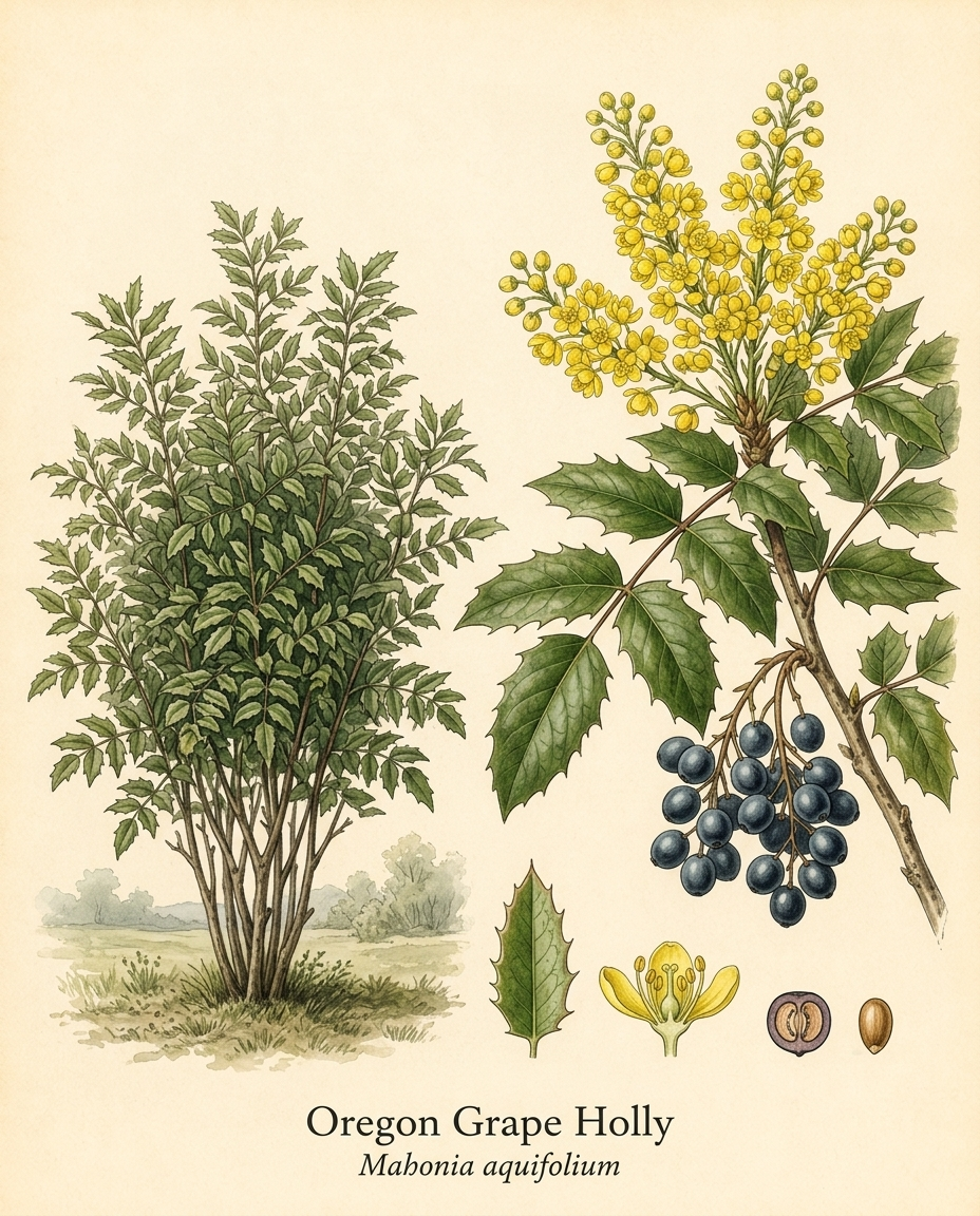 Botanical illustration of Oregon Grape Holly (Mahonia aquifolium) — a evergreen shrub for USDA zones 3–9