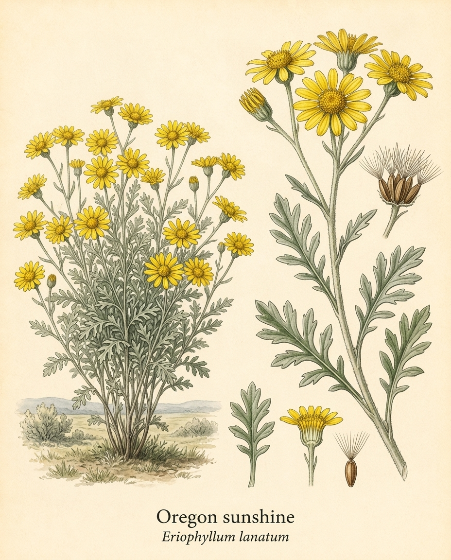 Botanical illustration of Oregon sunshine (Eriophyllum lanatum) — a deciduous perennial for USDA zones 3–8