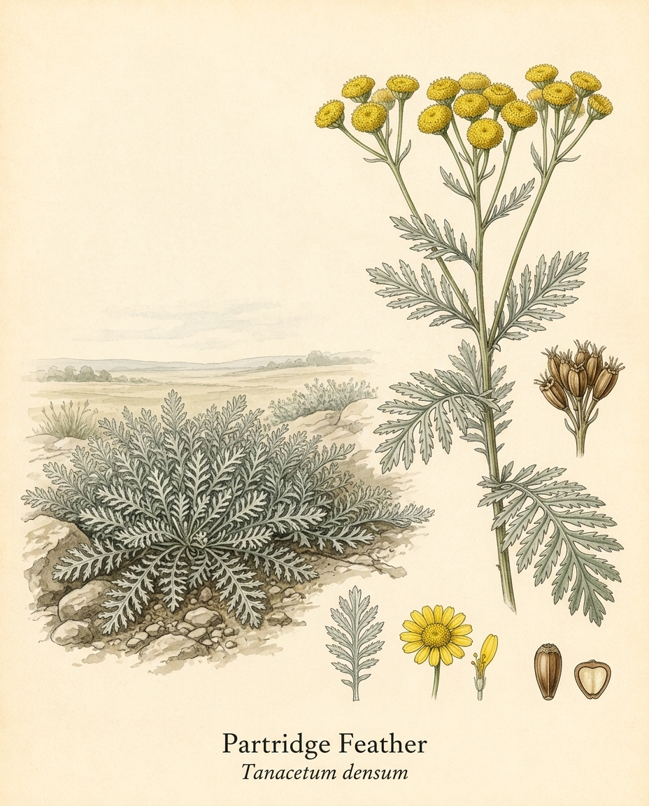 Botanical illustration of Partridge Feather (Tanacetum densum) — a evergreen groundcover for USDA zones 4–8