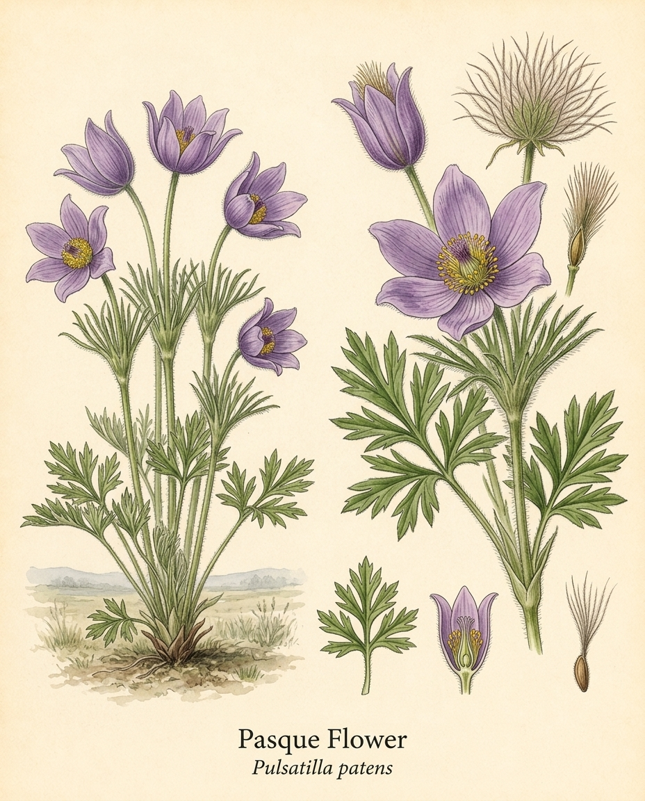 Botanical illustration of Pasque Flower (Pulsatilla patens) — a deciduous perennial for USDA zones 3–7