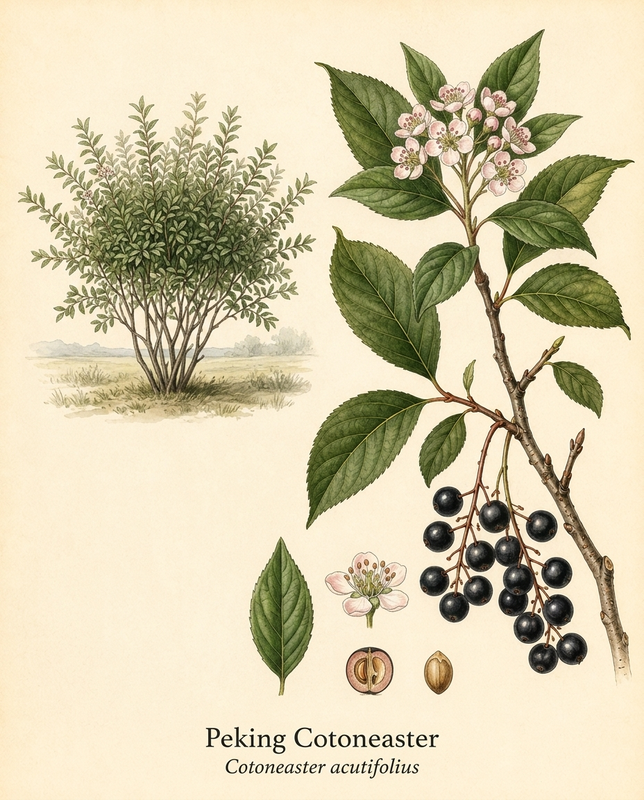 Botanical illustration of Peking Cotoneaster (Cotoneaster acutifolius) — a deciduous shrub for USDA zones 3–7