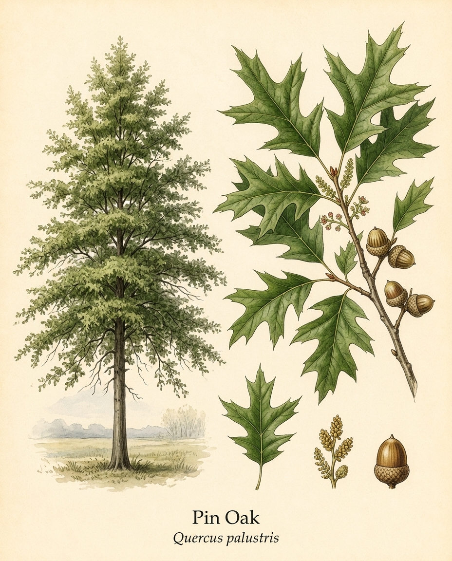 Botanical illustration of Pin Oak (Quercus palustris) — a deciduous tree for USDA zones 4–8