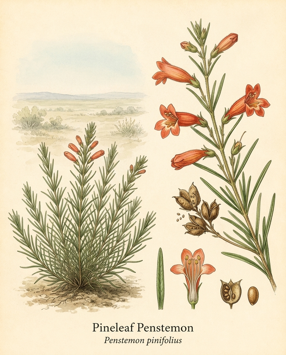 Botanical illustration of Pineleaf Penstemon (Penstemon pinifolius) — a evergreen perennial for USDA zones 4–9
