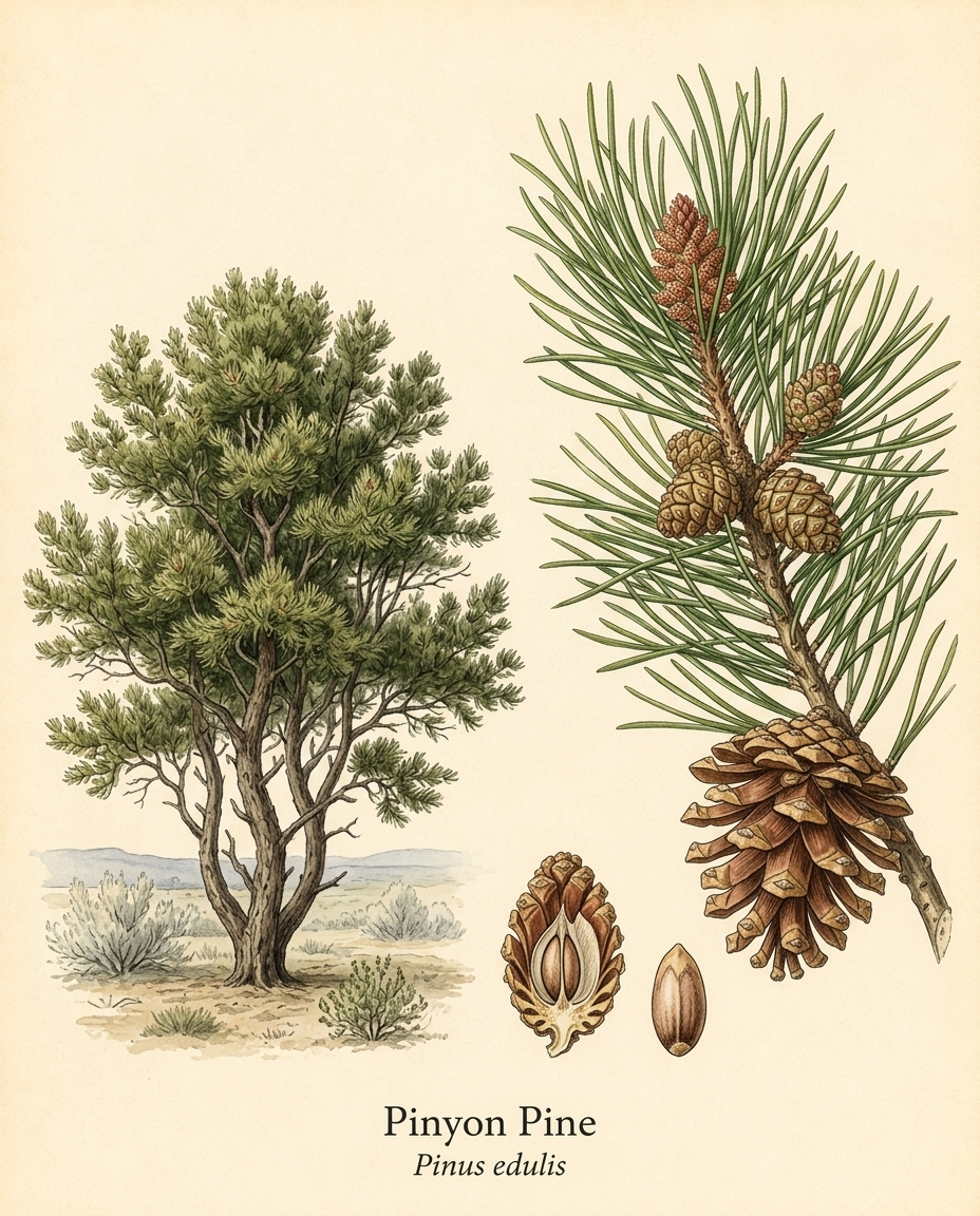 Botanical illustration of Pinyon Pine (Pinus edulis) — a evergreen tree for USDA zones 5–8