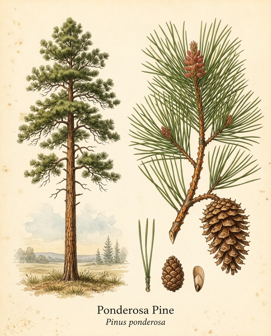 Botanical illustration of Ponderosa Pine (Pinus ponderosa) — a evergreen tree for USDA zones 3–6