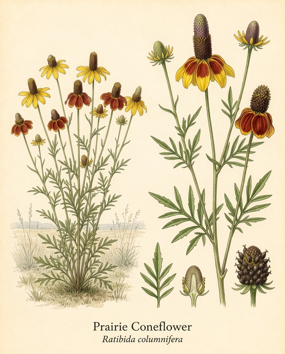 Botanical illustration of Prairie Coneflower (Ratibida columnifera) — a deciduous perennial for USDA zones 3–9