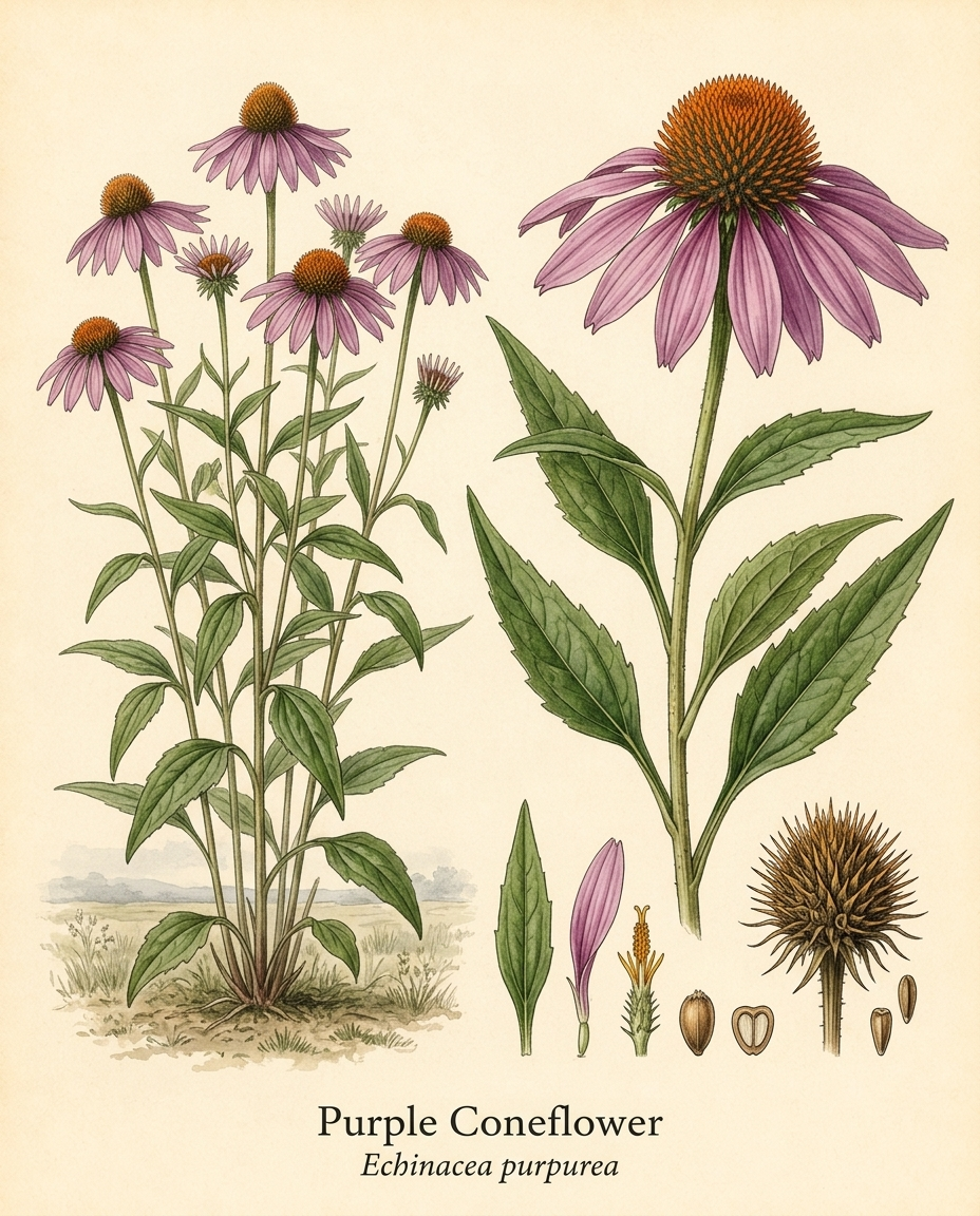 Botanical illustration of Purple Coneflower (Echinacea purpurea) — a deciduous perennial for USDA zones 3–8