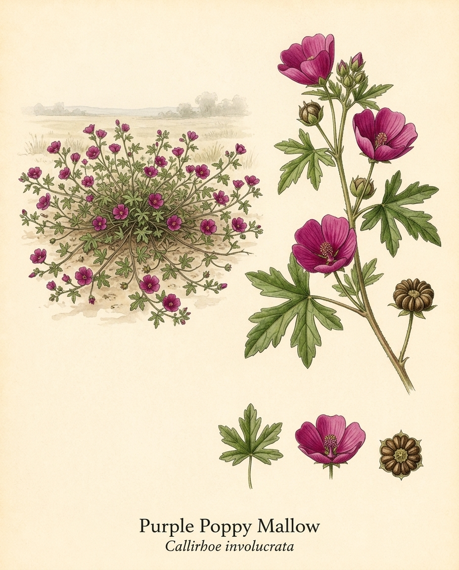 Botanical illustration of Purple Poppy Mallow (Callirhoe involucrata) — a deciduous perennial for USDA zones 4–8