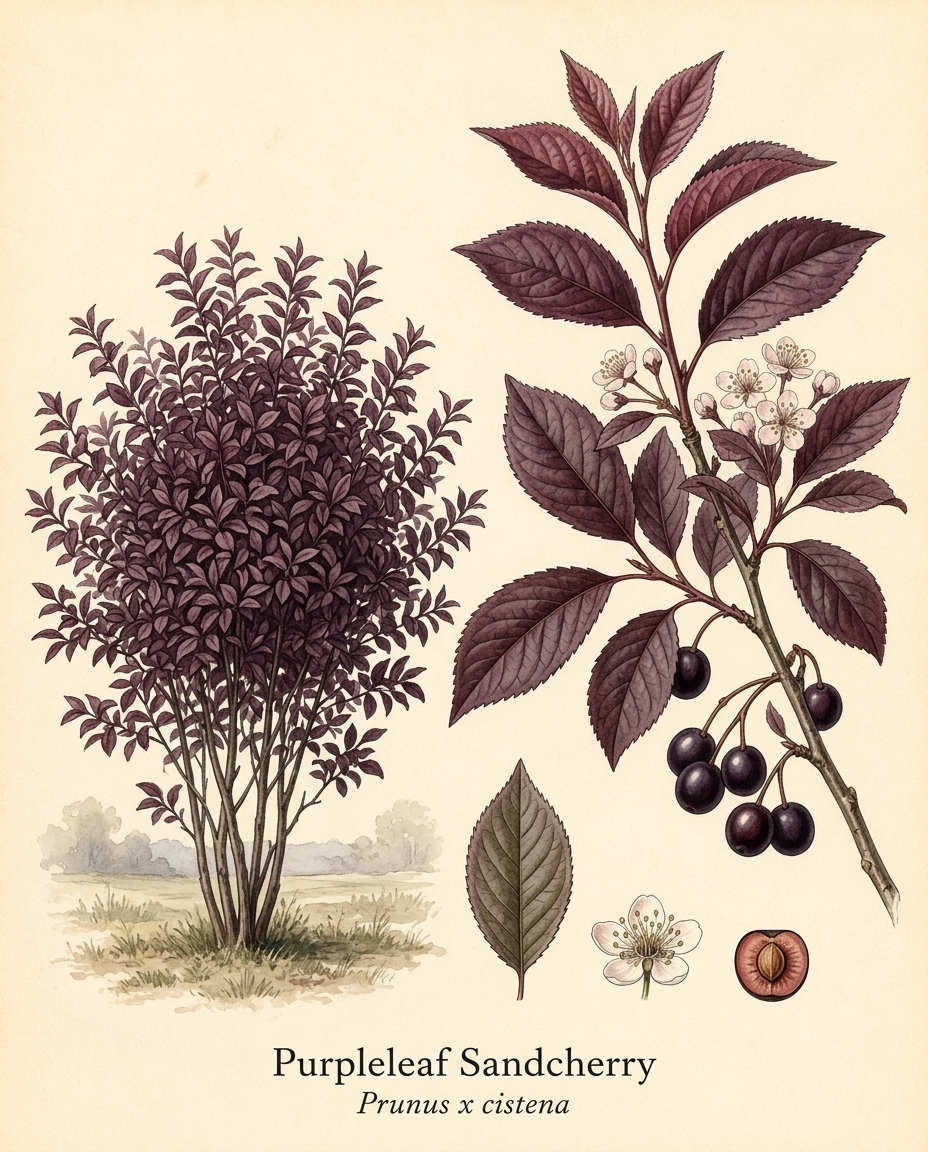 Botanical illustration of Purpleleaf Sandcherry (Prunus x cistena) — a deciduous shrub for USDA zones 4–8