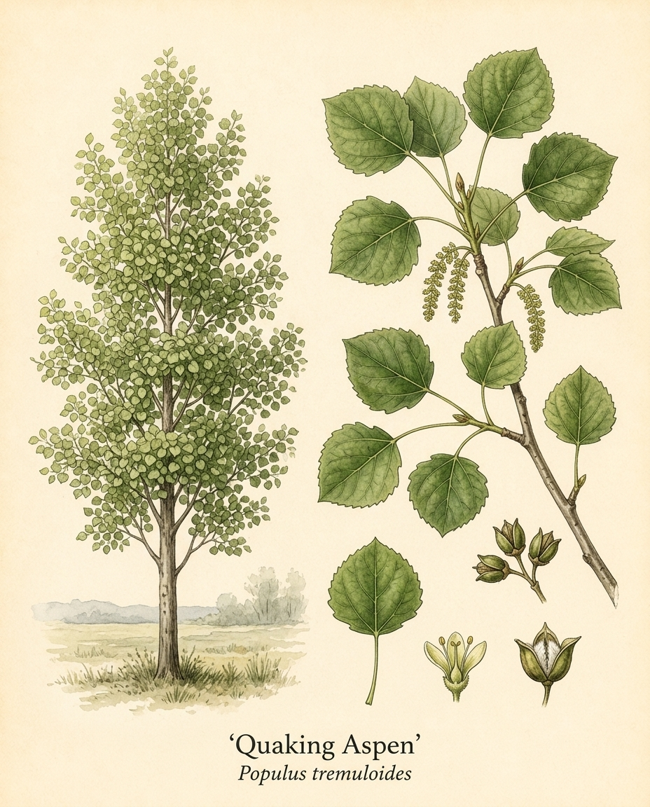 Botanical illustration of Quaking Aspen (Populus tremuloides) — a deciduous tree for USDA zones 1–8