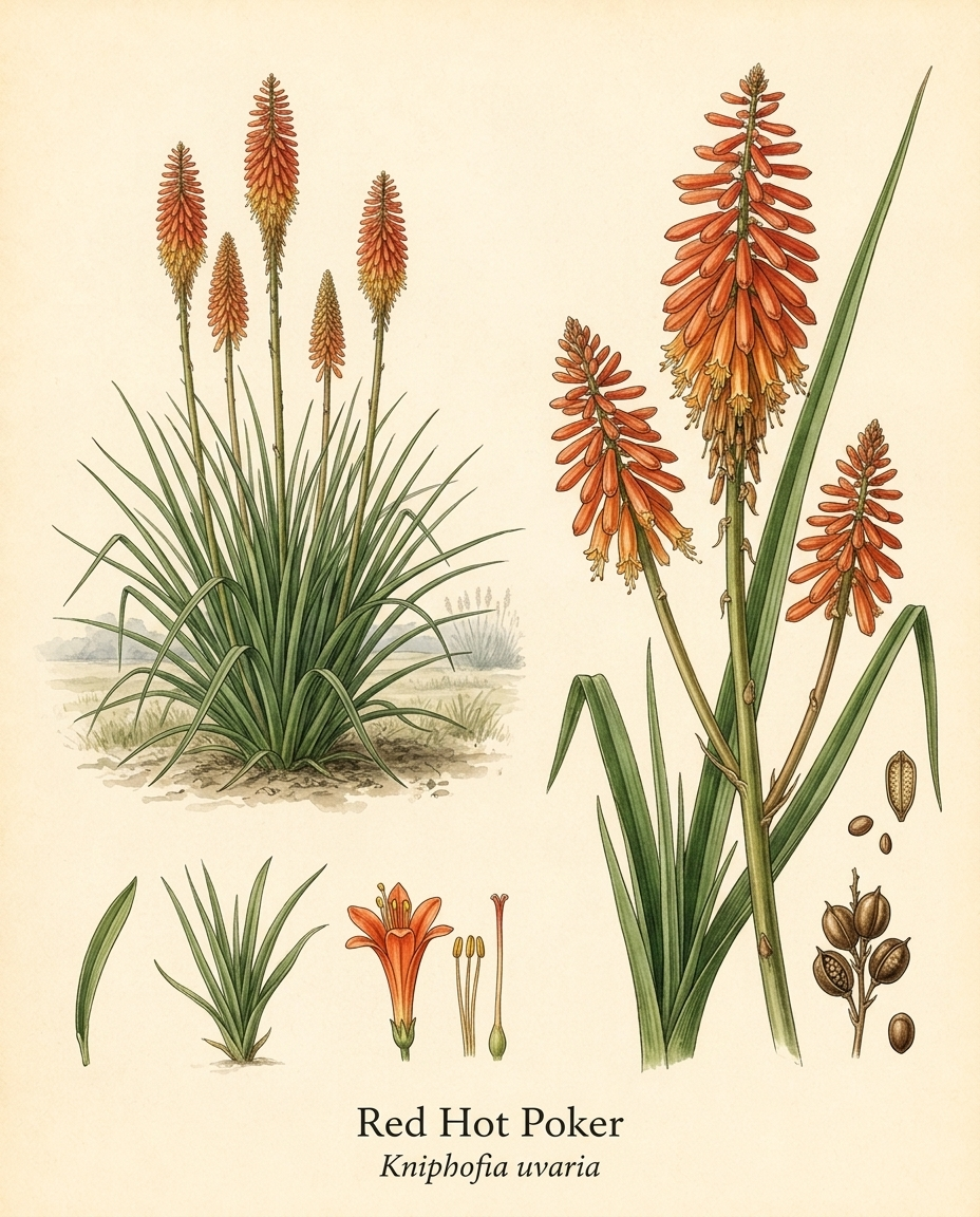Botanical illustration of Red Hot Poker (Kniphofia uvaria) — a evergreen perennial for USDA zones 5–9