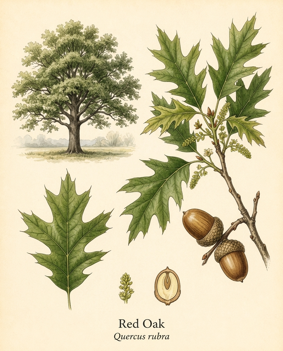 Botanical illustration of Red Oak (Quercus rubra) — a deciduous tree for USDA zones 3–7
