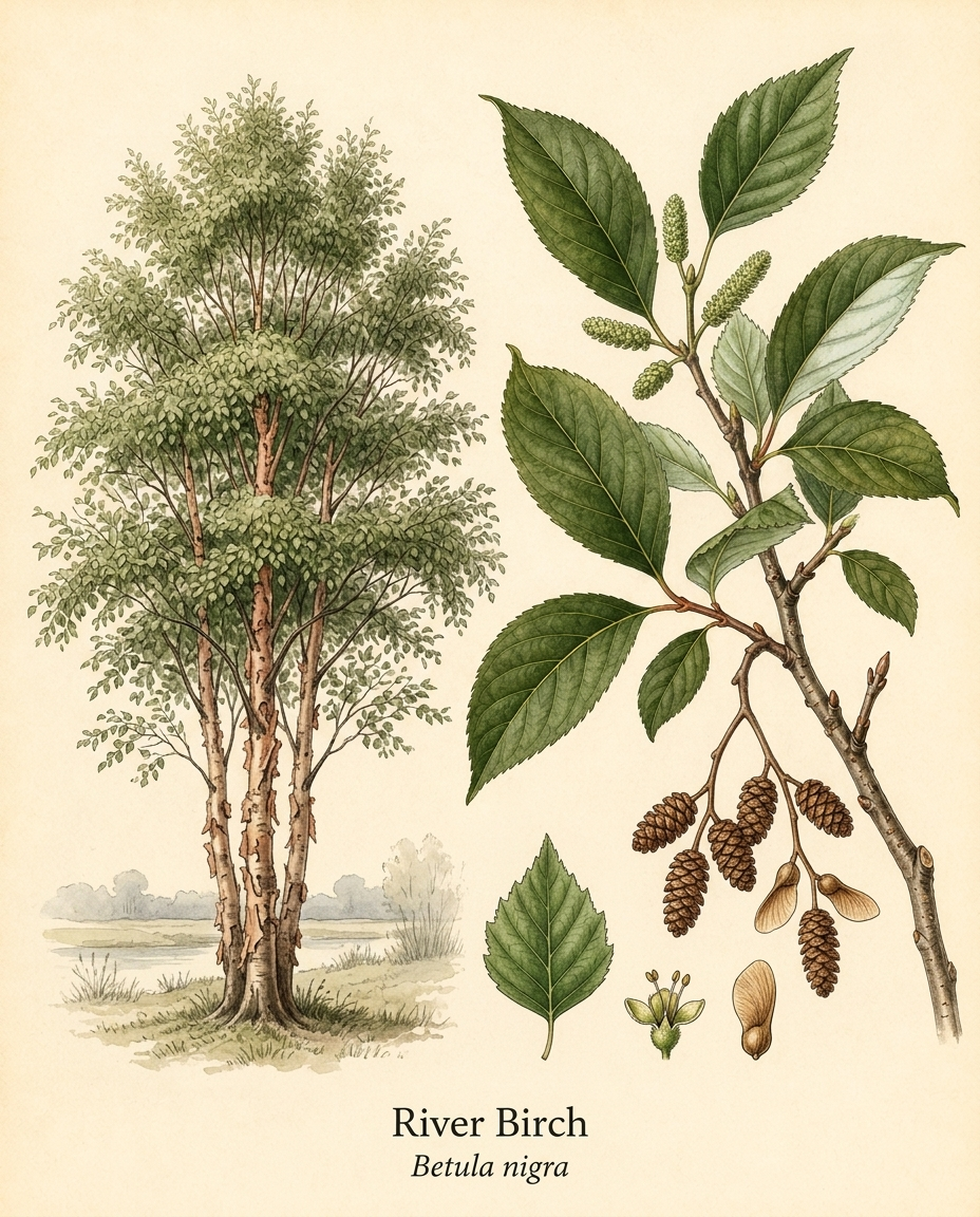 Botanical illustration of River Birch (Betula nigra) — a deciduous tree for USDA zones 4–9