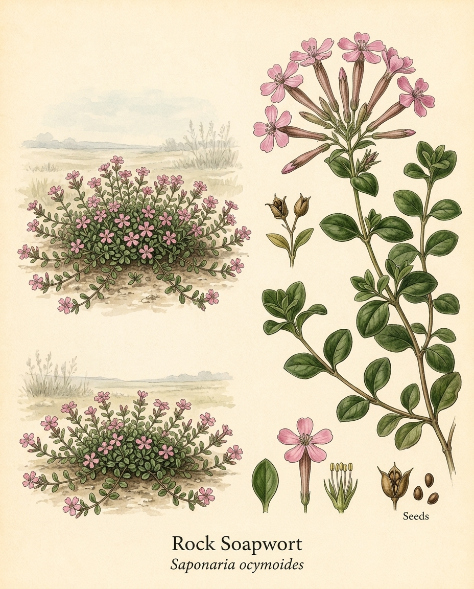 Botanical illustration of Rock Soapwort (Saponaria ocymoides) — a deciduous groundcover for USDA zones 3–8