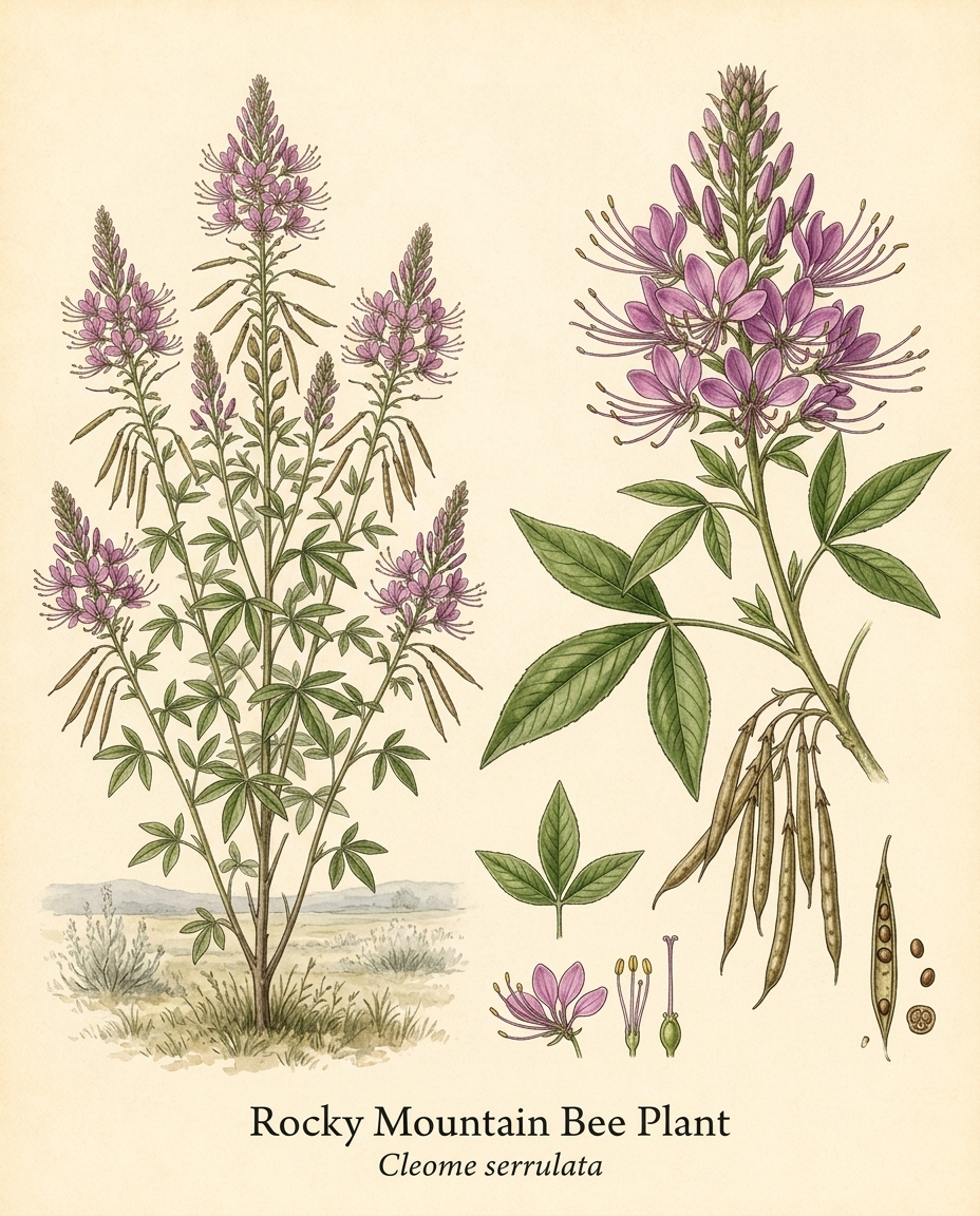 Botanical illustration of Rocky Mountain Bee Plant (Cleome serrulata) — a deciduous annual for USDA zones 2–11