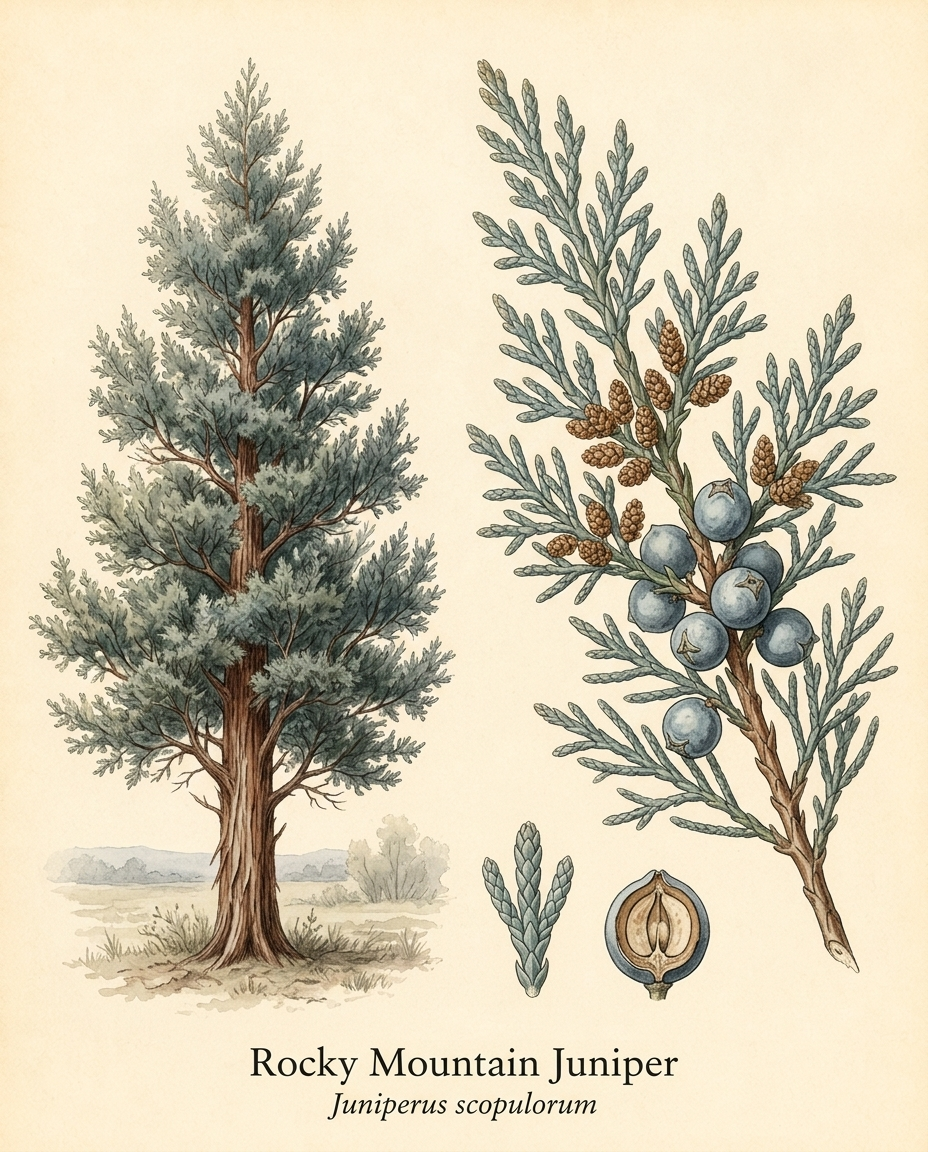 Botanical illustration of Rocky Mountain Juniper (Juniperus scopulorum) — a evergreen tree for USDA zones 3–7