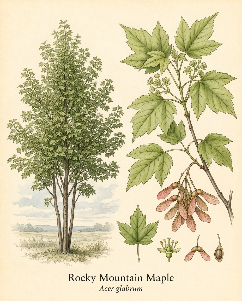 Botanical illustration of Rocky Mountain Maple (Acer glabrum) — a deciduous tree for USDA zones 4–8