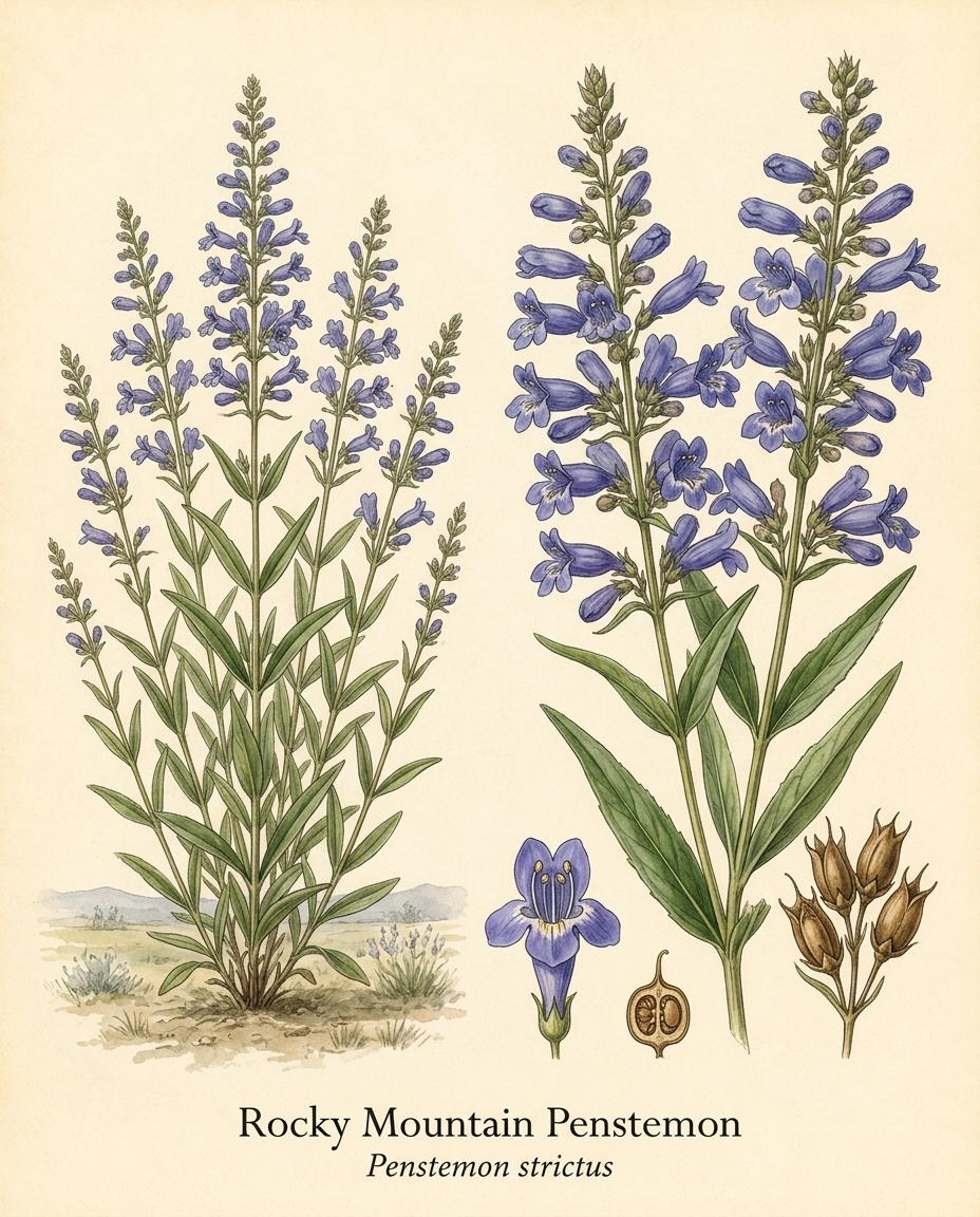 Botanical illustration of Rocky Mountain Penstemon (Penstemon strictus) — a deciduous perennial for USDA zones 4–8