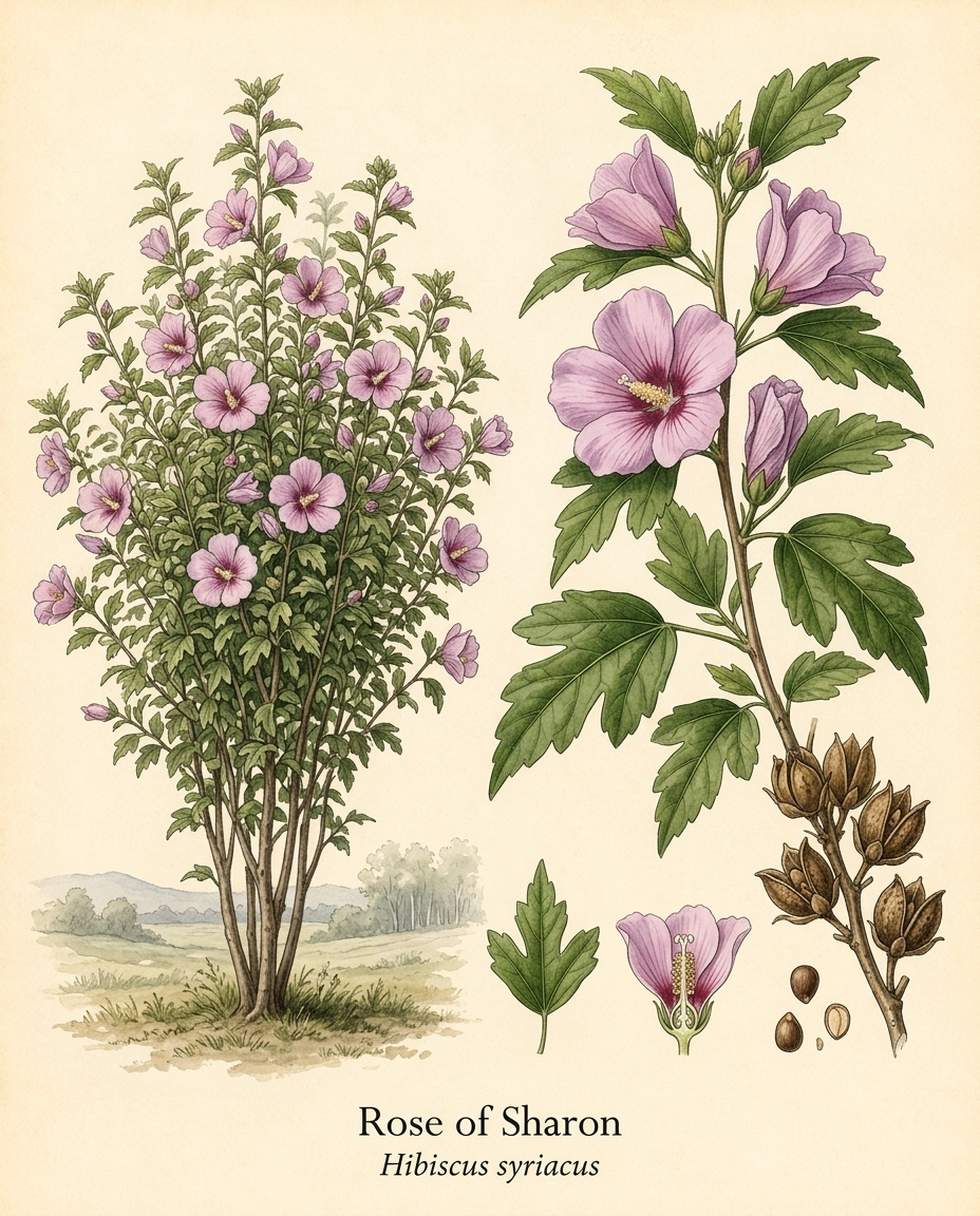 Botanical illustration of Rose of Sharon (Hibiscus syriacus) — a deciduous shrub for USDA zones 5–8