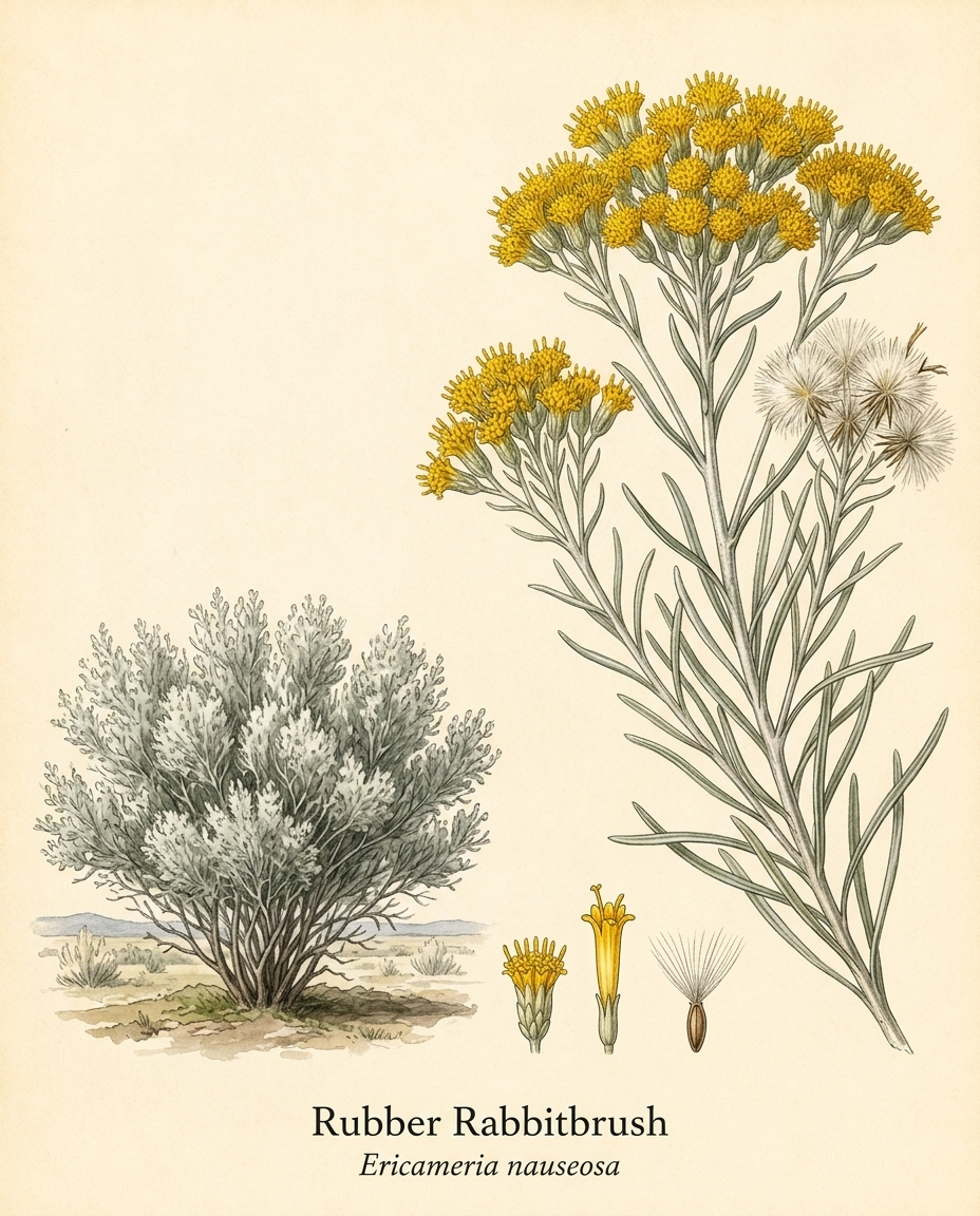 Botanical illustration of Rubber Rabbitbrush (Ericameria nauseosa) — a deciduous shrub for USDA zones 4–9