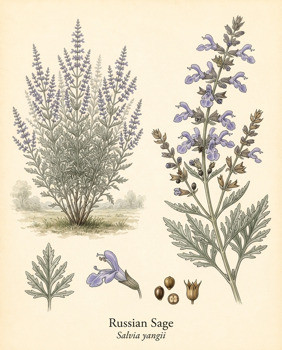 Botanical illustration of Russian Sage (Salvia yangii) — a deciduous perennial for USDA zones 4–9