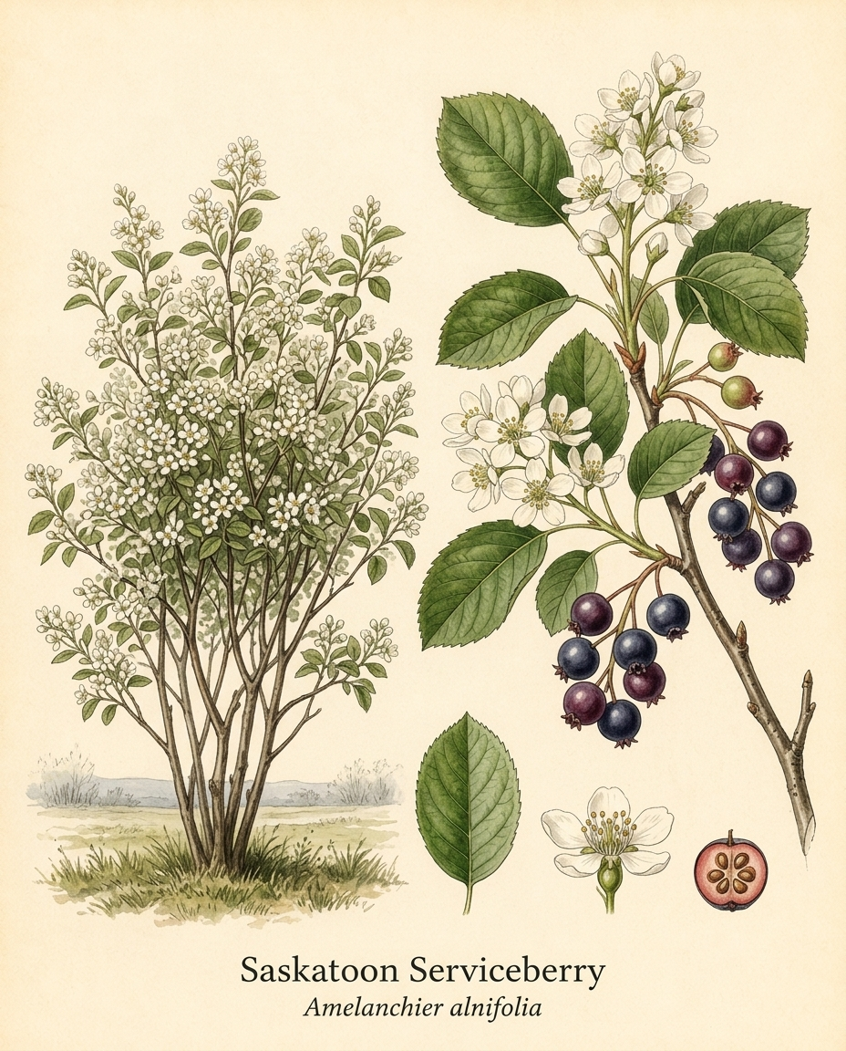 Botanical illustration of Saskatoon Serviceberry (Amelanchier alnifolia) — a deciduous shrub for USDA zones 3–7