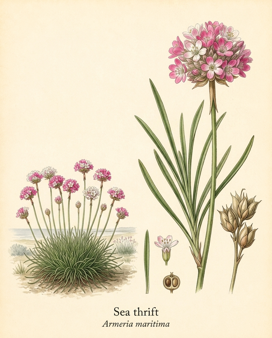 Botanical illustration of Sea thrift (Armeria maritima) — a deciduous groundcover for USDA zones 3–8