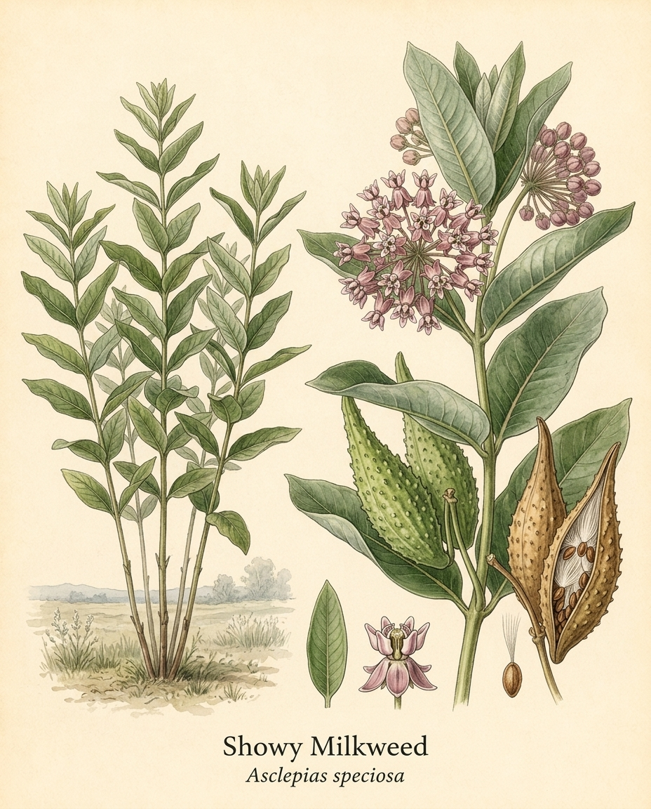 Botanical illustration of Showy Milkweed (Asclepias speciosa) — a deciduous perennial for USDA zones 3–9