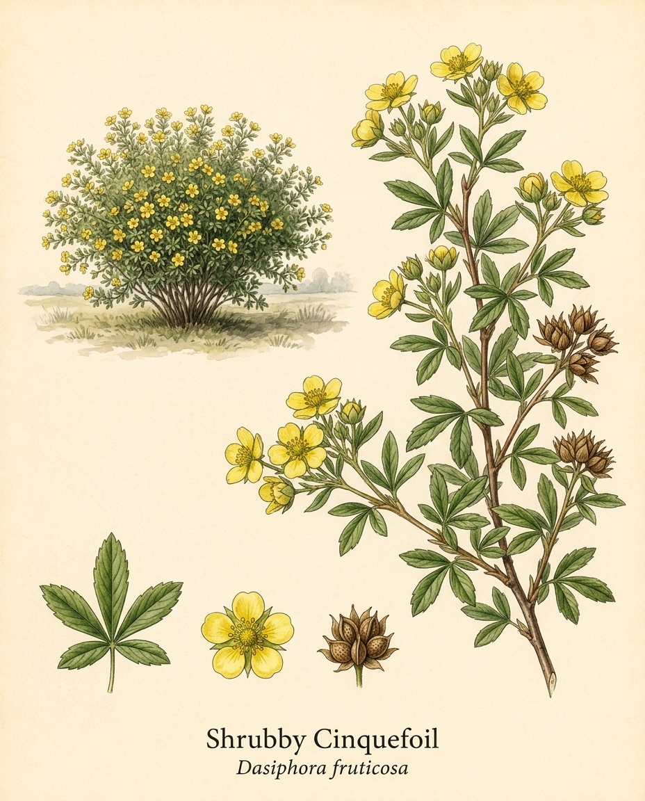 Botanical illustration of Shrubby Cinquefoil (Dasiphora fruticosa) — a deciduous shrub for USDA zones 2–7