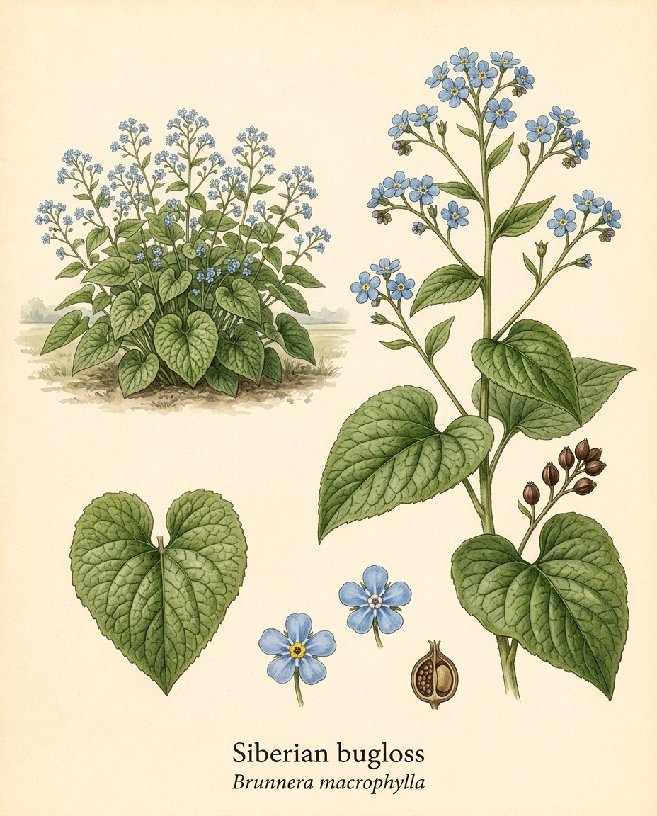 Botanical illustration of Siberian bugloss (Brunnera macrophylla) — a deciduous perennial for USDA zones 3–8