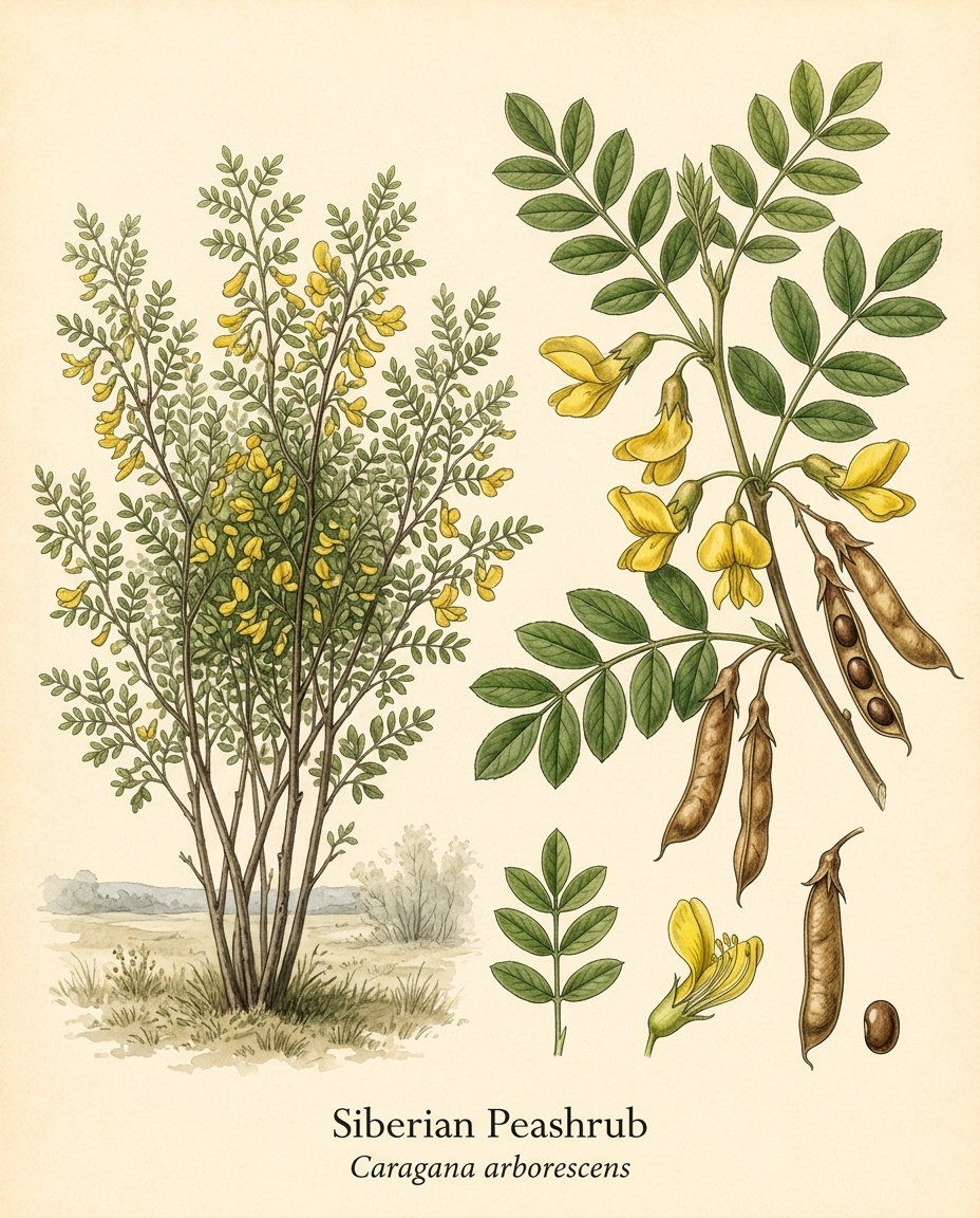 Botanical illustration of Siberian Peashrub (Caragana arborescens) — a deciduous shrub for USDA zones 2–7