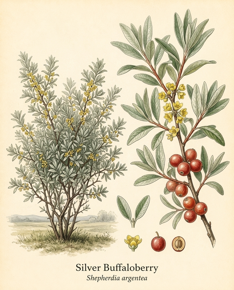 Botanical illustration of Silver Buffaloberry (Shepherdia argentea) — a deciduous shrub for USDA zones 3–7