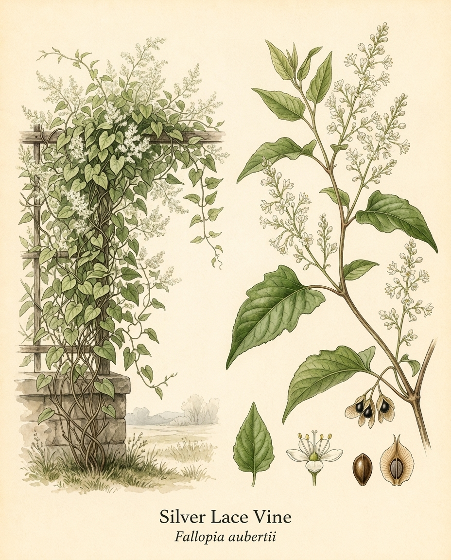 Botanical illustration of Silver Lace Vine (Fallopia aubertii) — a deciduous vine for USDA zones 4–8