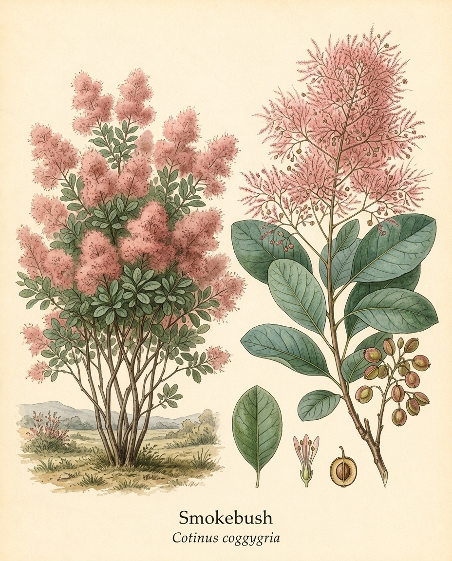 Botanical illustration of Smokebush (Cotinus coggygria) — a deciduous shrub for USDA zones 4–8
