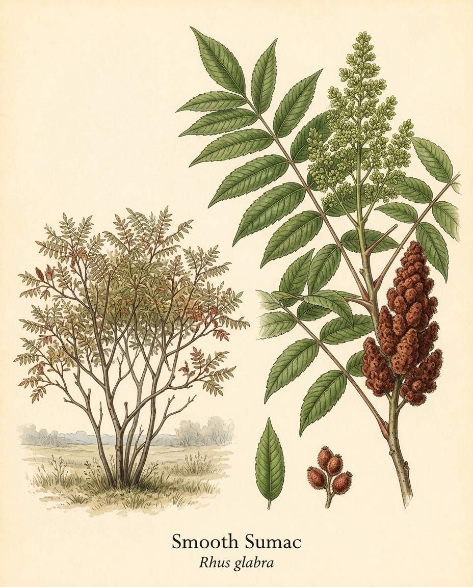 Botanical illustration of Smooth Sumac (Rhus glabra) — a deciduous shrub for USDA zones 3–8