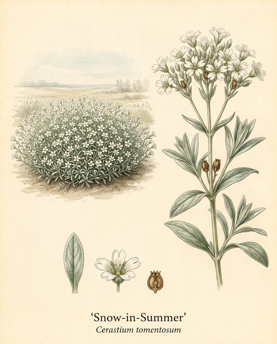 Botanical illustration of Snow-in-Summer (Cerastium tomentosum) — a evergreen groundcover for USDA zones 3–7