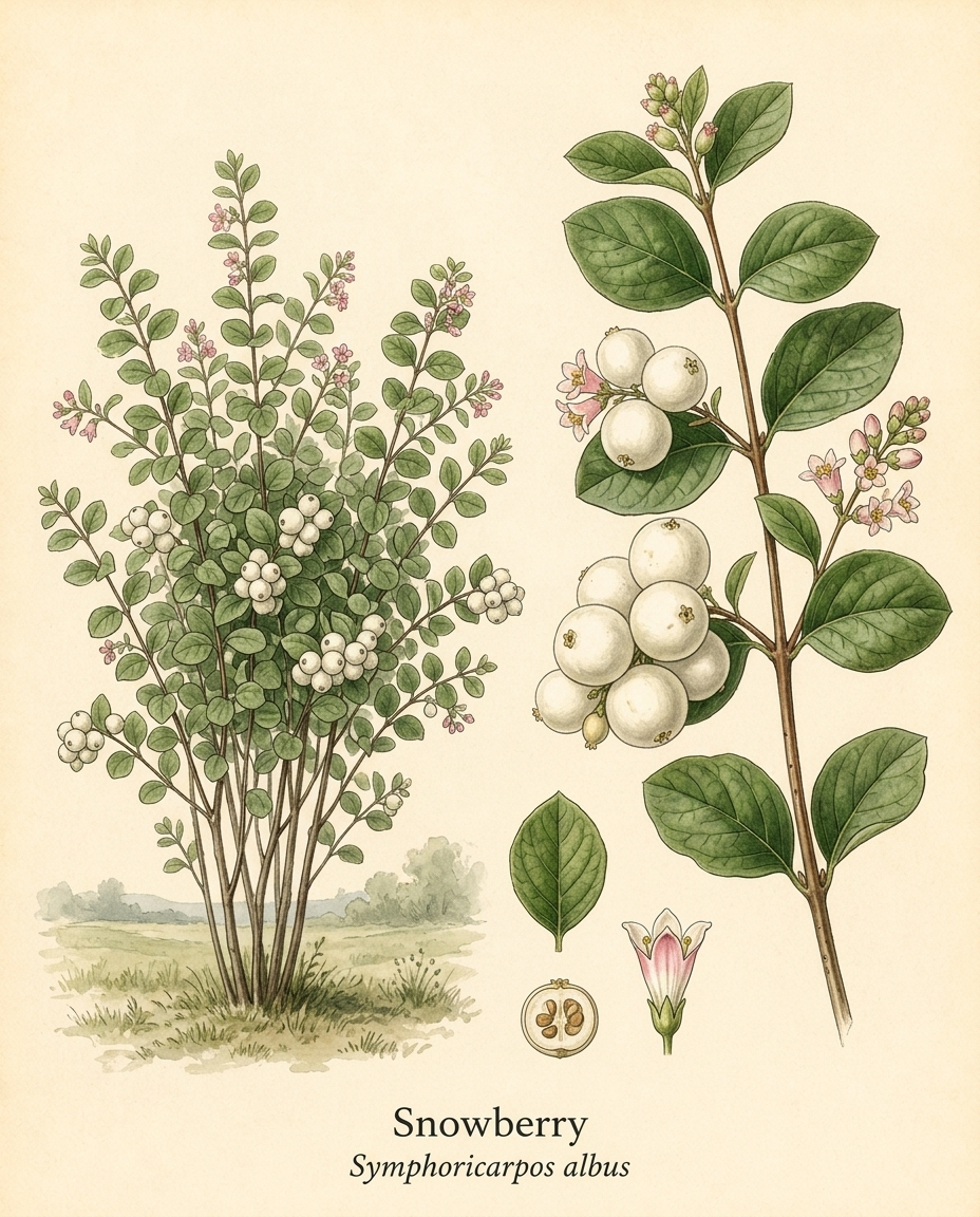 Botanical illustration of Snowberry (Symphoricarpos albus) — a deciduous shrub for USDA zones 3–7