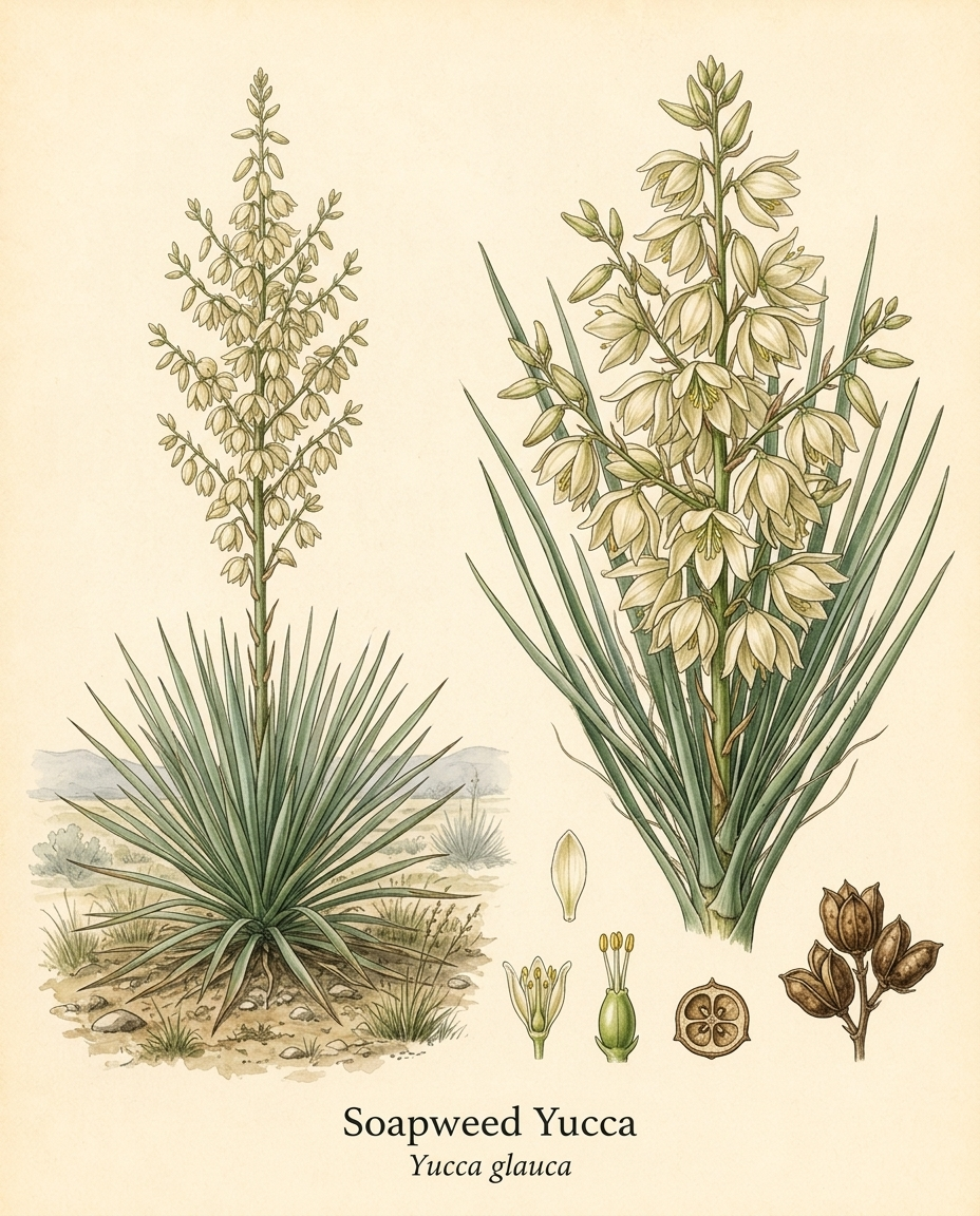 Botanical illustration of Soapweed Yucca (Yucca glauca) — a evergreen shrub for USDA zones 4–8