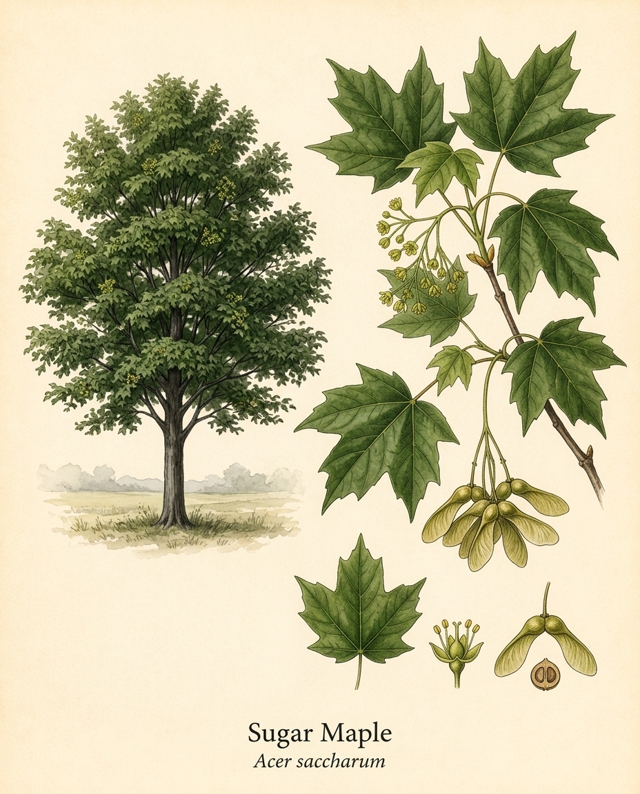 Botanical illustration of Sugar Maple (Acer saccharum) — a deciduous tree for USDA zones 4–8