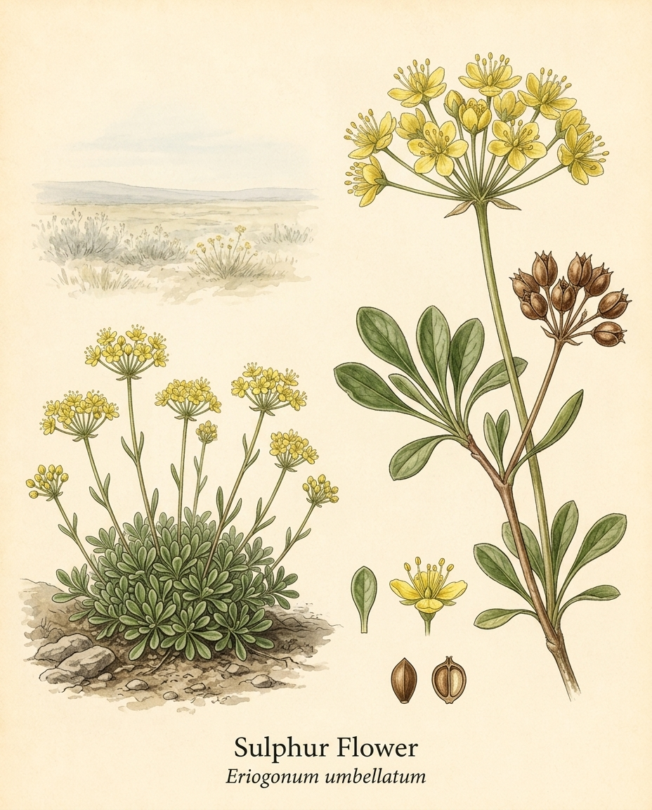 Botanical illustration of Sulphur Flower (Eriogonum umbellatum) — a evergreen perennial for USDA zones 4–8